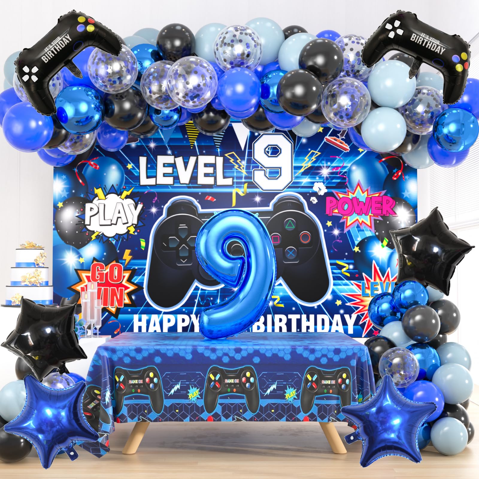 Photo 1 of 103pcs Video Game 9th Birthday Party Decorations Kit with Blue & Black Gaming Theme Balloons, Level-up Backdrop, Tablecloth, Foil Number 9 & Star Balloons for Boys & Girls