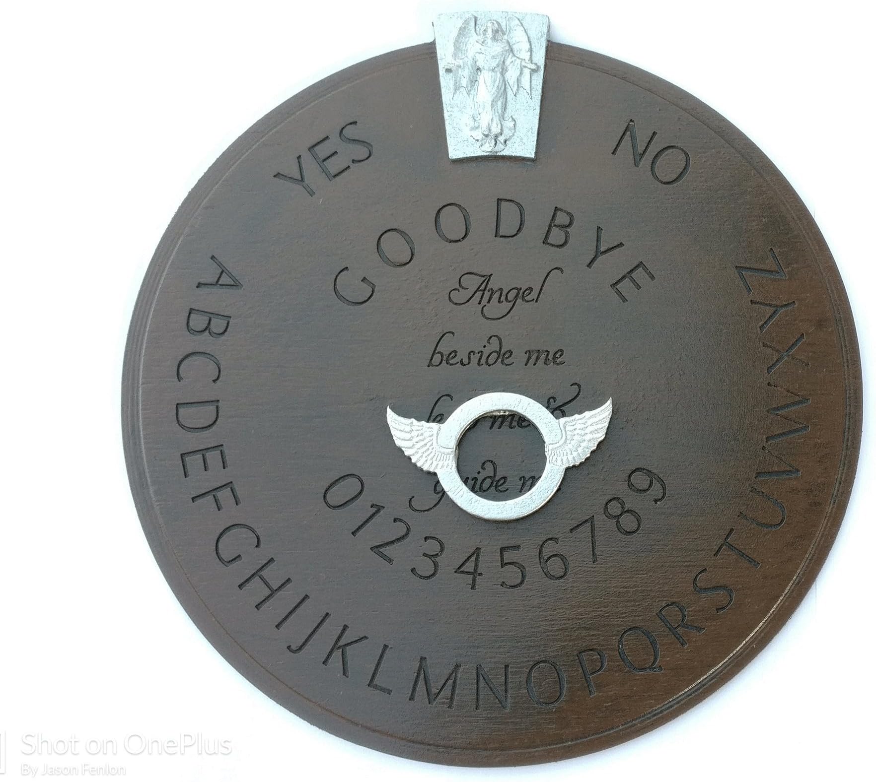 Round Angelic Board with Wood-Effect Finish & Silver Angel Decal, Plus Silver Winged Angel Planchette, Suitable for Divination, Angel Board, Ouija Board