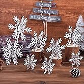 16 Pcs 3D Snowflake Christmas Table Decorations, Wooden White Winter Snowflake Christmas Decor Tabletop Centerpiece Signs for Xmas Festival Home Party Decoration (3 Sizes)