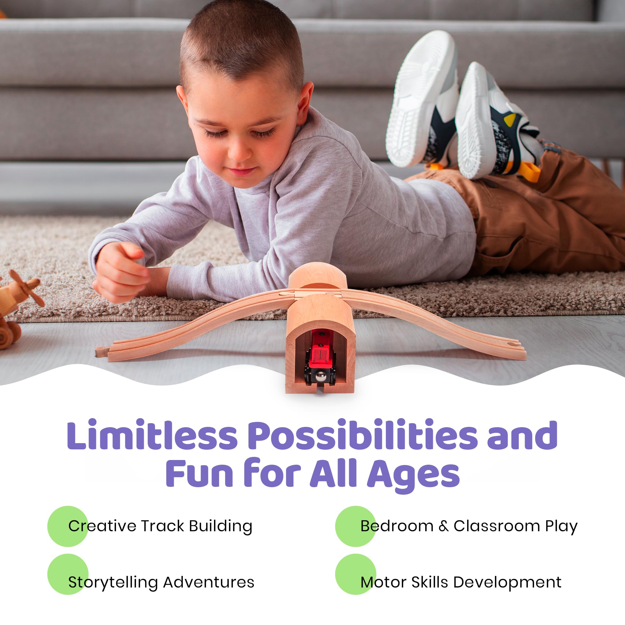 inc. Wooden Train Track Over & Under Tunnel Bridge & Easy-Connect Railway, Hardwood Train Set Compatible with Thomas and Friends, BRIO, Major Brand Wooden Train Sets and Accessories