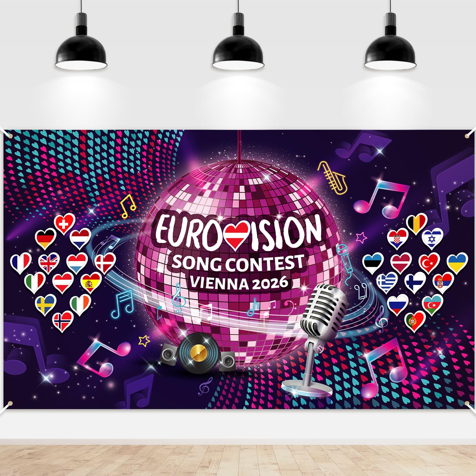 HOWAF Eurovision Party Decorations 2026 Banner, Large Eurovision Song Contest 2026 Banner Backdrop Wall Fabric Background Photo Booth Props for Song Contest Celebration