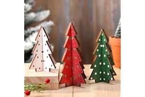 Yookeer Christmas Decor 3 Pieces Wood Table Rustic Christmas Tree Farmhouse Wooden Xmas Centerpiece for Small Table Xmas Trees Red Green Tiered Tray Party Decoration(3D Polka Dot Style)