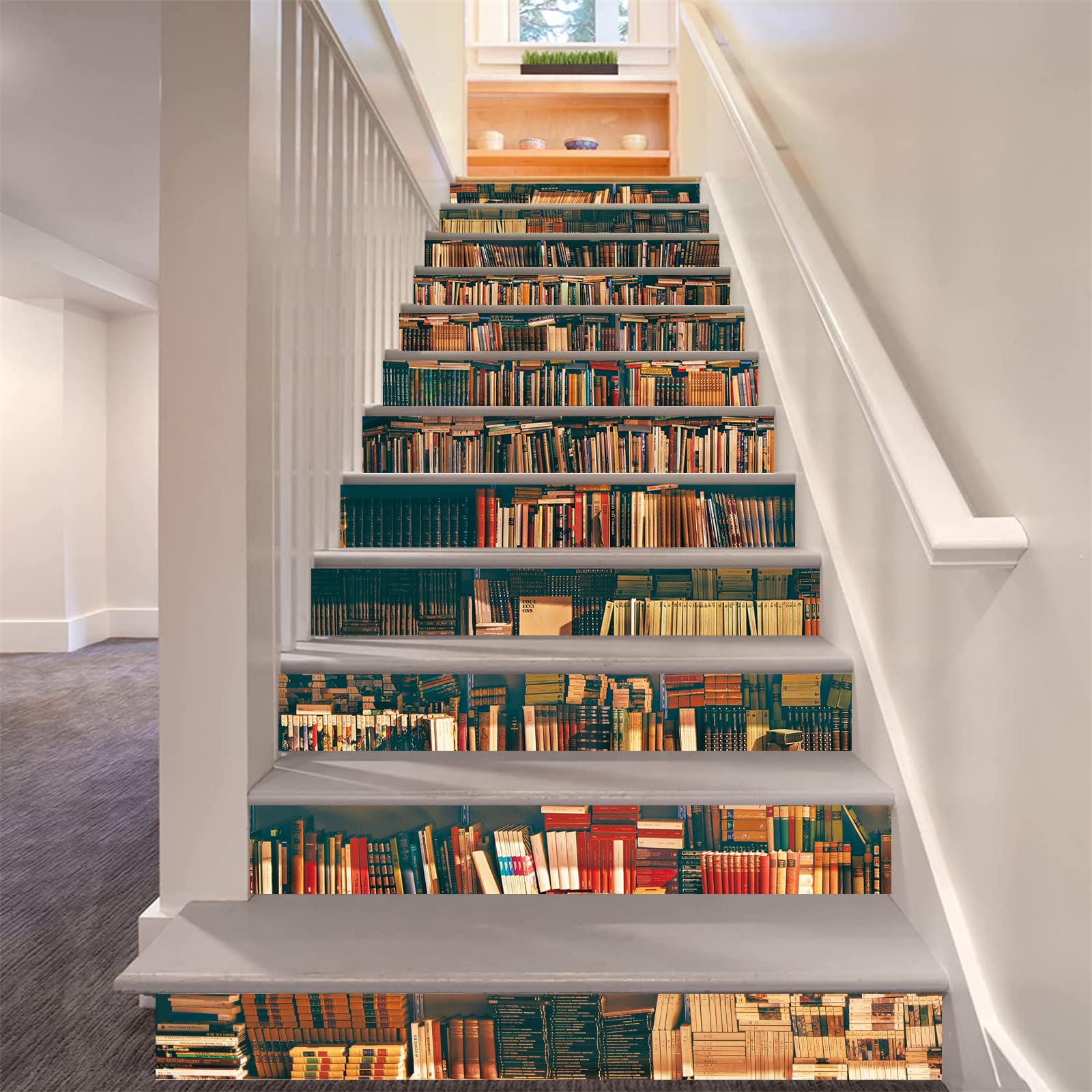 FLFK 13Pcs Retro Bookcase Stair Risers Sticker Peel and Sick 39.37"x7.08",Self-Adhesive Bookshelf Staircase Stickers Decals Mural Wallpaper for Home Decor