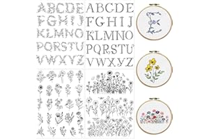 Rngmsi Water Soluble Embroidery Patterns - 4 Sheets Flower Alphabet Designs Stick and Stitch Embroidery Paper Wash Away 80 Pcs Floral Letter Embroidery Transfer Patterns Stabilizers for Hand Sewing
