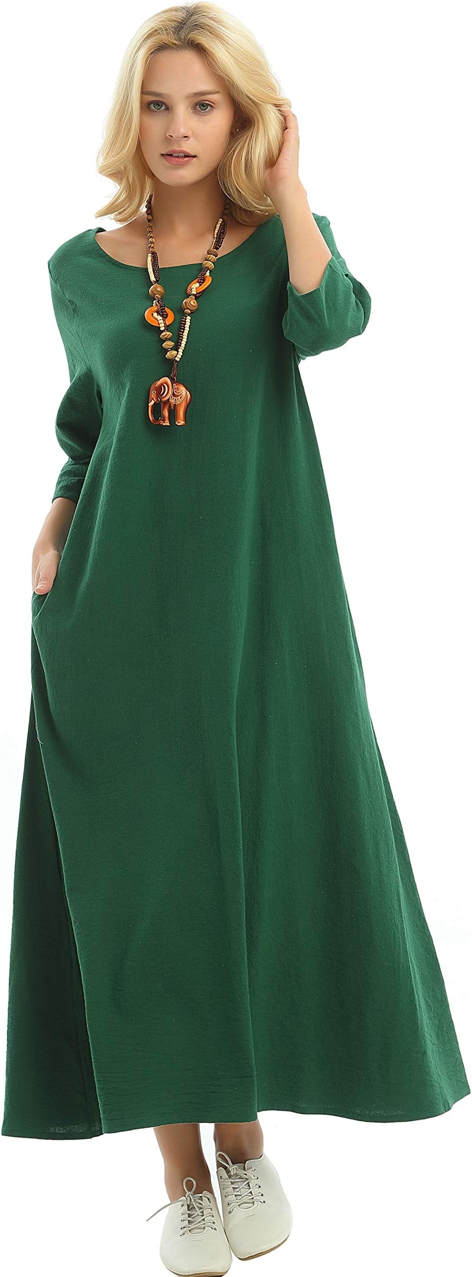 Anysize Three Quarter Sleeve Linen Cotton Spring Summer Plus Size Dress F140A