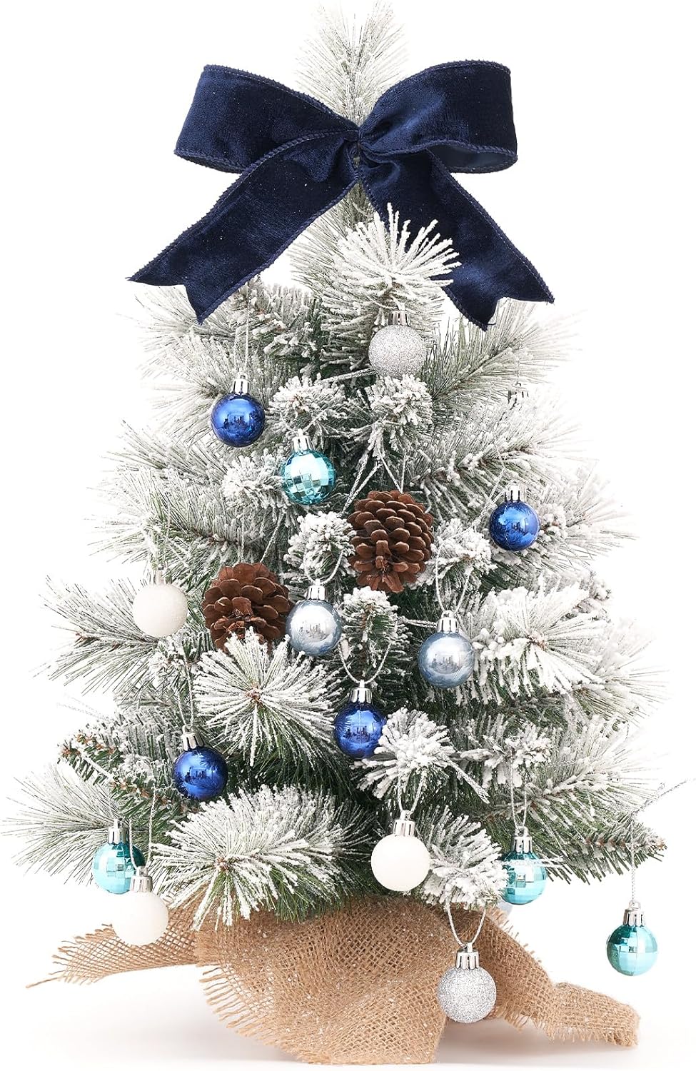 Tree Toppers - Plus tard Flocked Christmas Tree 2ft Artificial Snow Small Mini Xmas Trees Pine Needles Burlap Base Mix Ornaments Sets Blue Bow Topper Holiday Tabletop Centerpiece Indoor Decor