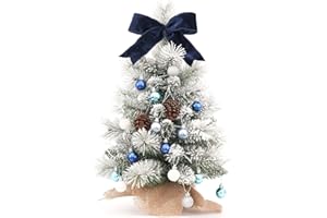 Plus tard Flocked Christmas Tree 2ft Artificial Snow Small Mini Xmas Trees Pine Needles Burlap Base Mix Ornaments Sets Blue Bow Topper Holiday Tabletop Centerpiece Indoor Decor