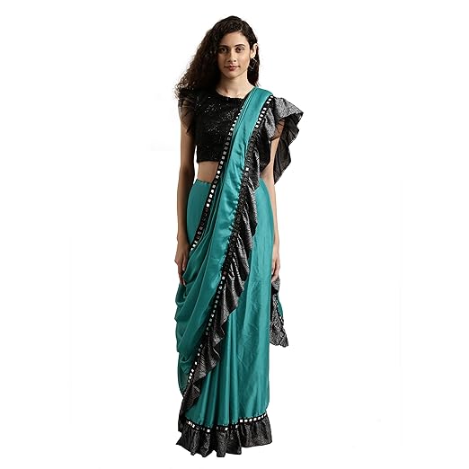 Womanista crepe with Blouse Piece Saree (TI1056_ Turquoise Blue & Black_ Onesize)