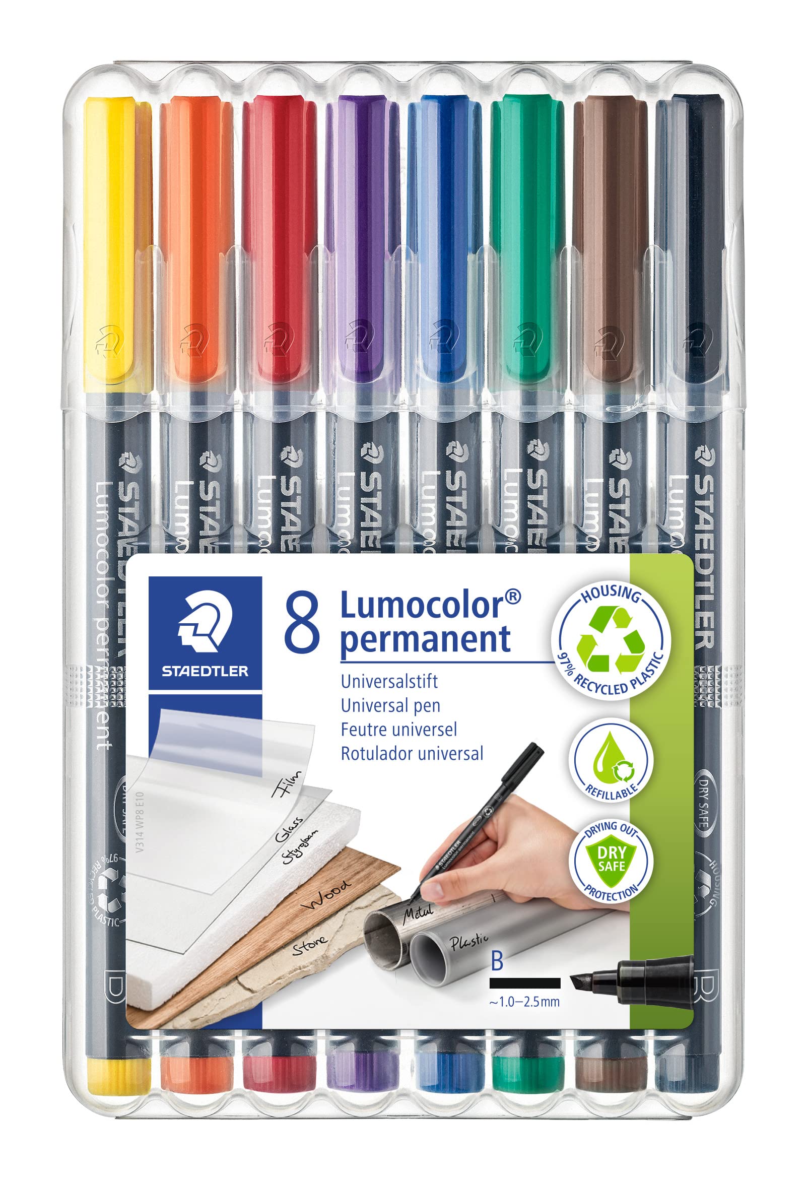 Staedtler Lumocolor Permanent Pen 314 Broad 1.0/2.5mm Line - Assorted Colours (Pack of 8)