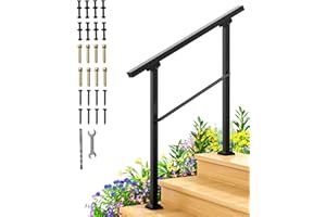 Titeck Hand Rails for Outdoor Steps - 3 Step Handrail, Stair Railing Indoor Stairs Rail Wrought Iron Metal ‎Steel Adjustable Handrails for Outdoor Concrete Steps for Porch/Deck, Black