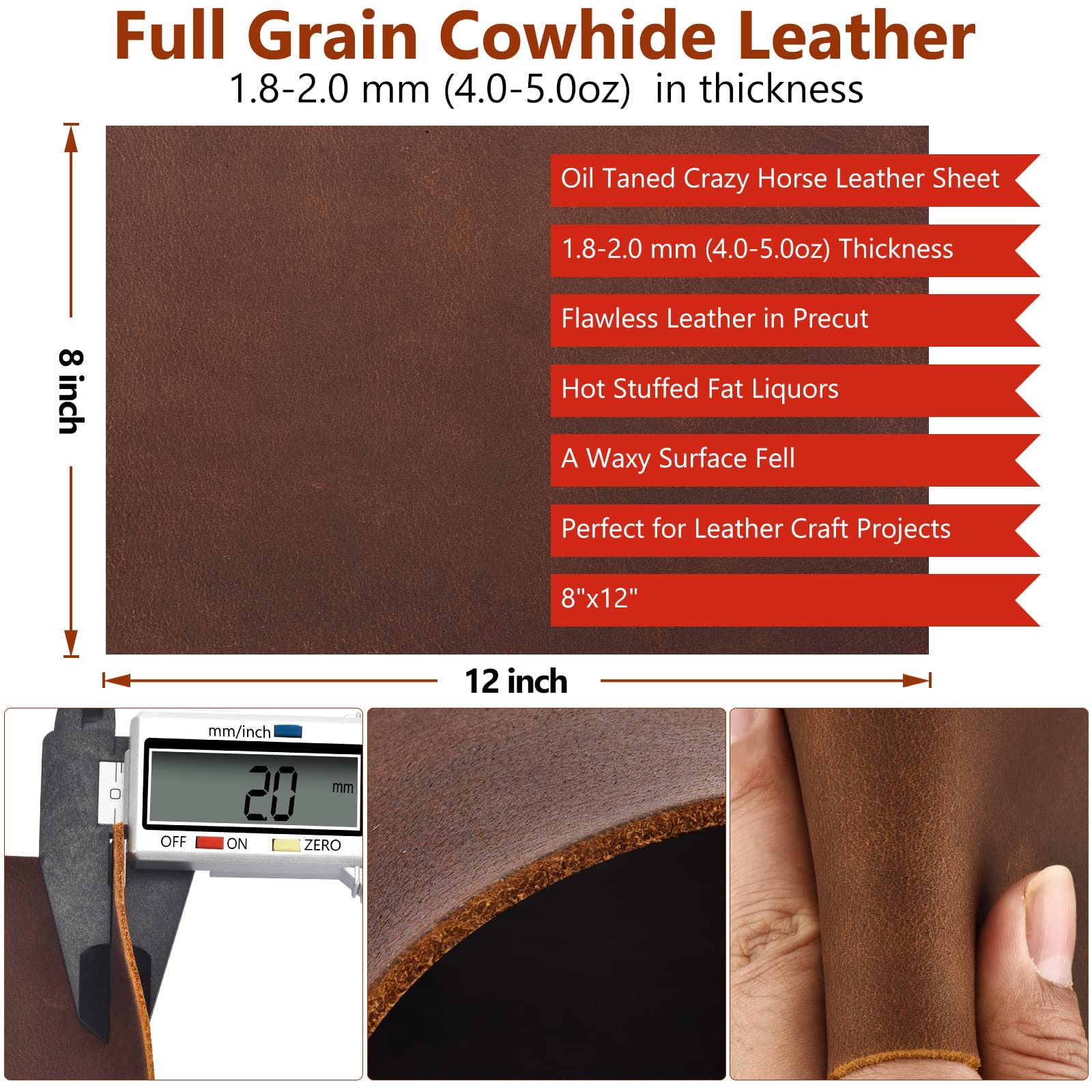 Genuine Leather Tooling Sheets 1.8-2.0MM Thick Genuine Top Full Grain Oil Tan Crazy Horse Cowhide Leather Sheets for Crafts Tooling Sewing Wallet Earring Hobby (Dark Brown, 8