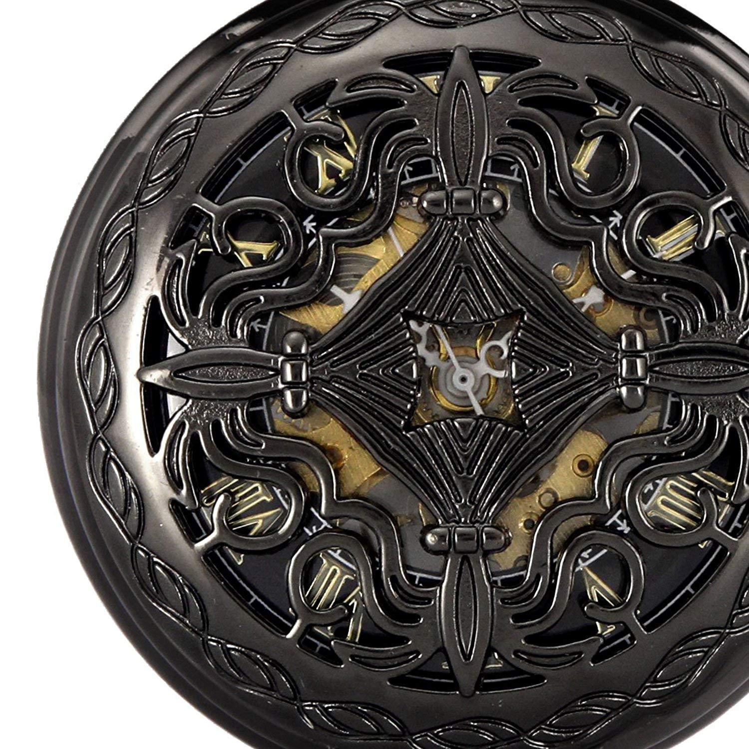 Carrie Hughes Mens Mechanical Pocket Watch Steampunk Baroque Lucky Knot Skeleton with Chain and Box CHPW5