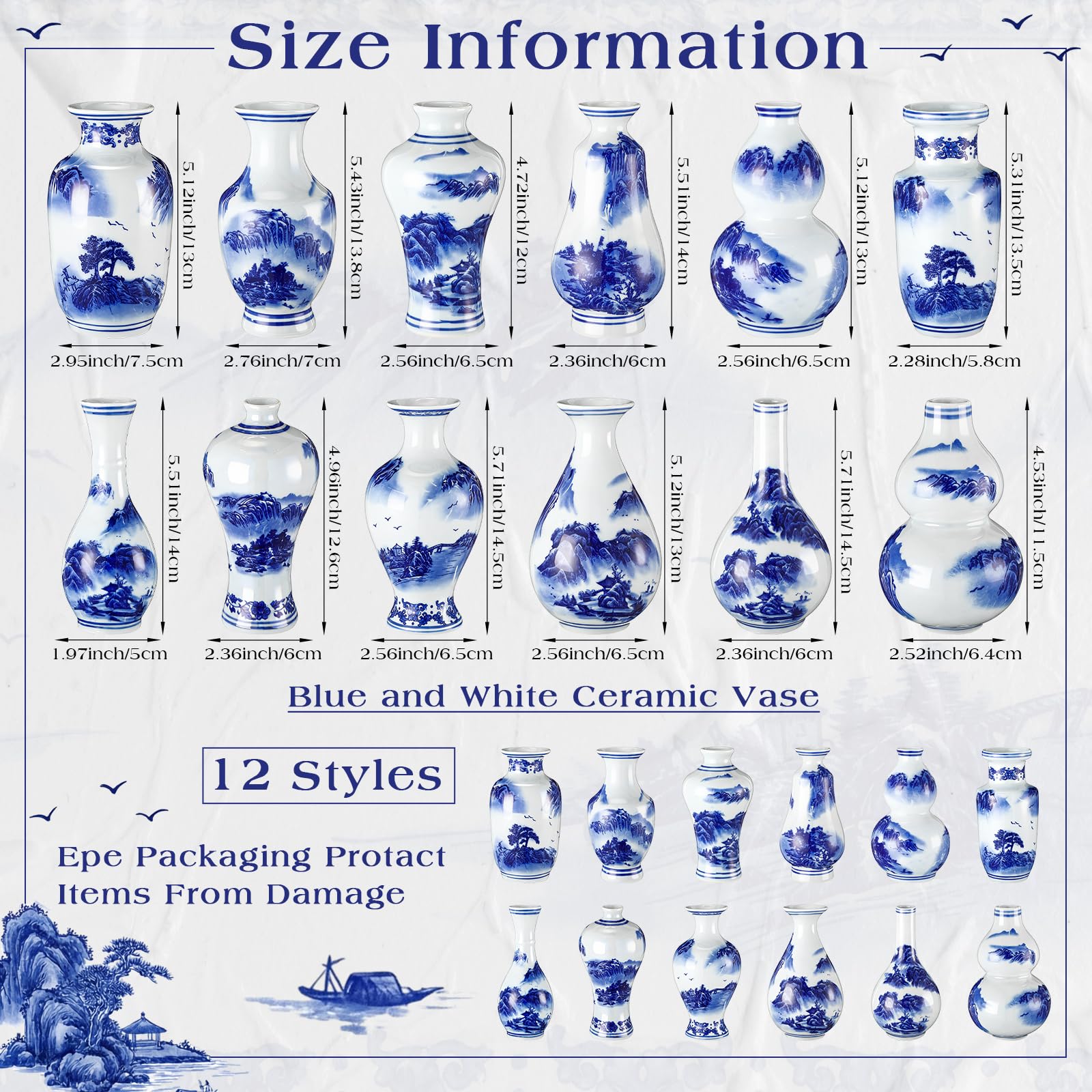 Condition photo showing New/Like New for maxcheck 12 pcs small blue and white vase mini porcelain chinoiserie bud vase vintage ceramic orient
