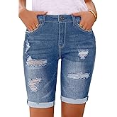 Metietila Women's Ripped Mid-Rise Denim Bermuda Shorts Frayed Raw Hem Stretch Jean Shorts