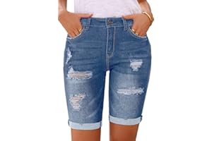 Metietila Women's Ripped Mid-Rise Denim Bermuda Shorts Frayed Raw Hem Stretch Jean Shorts