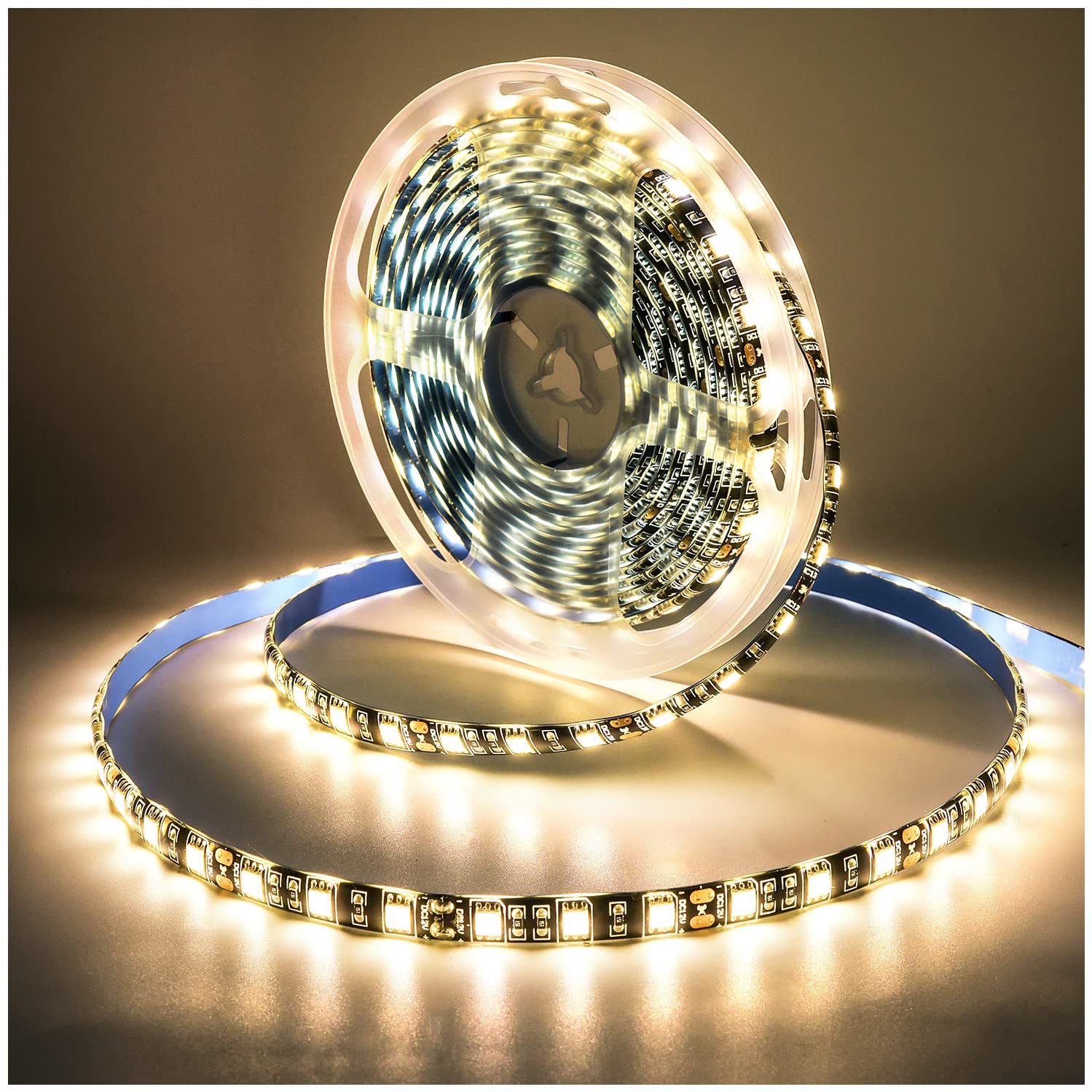 Photo 1 of 12V LED Strip Light, Warm White 3000K 16.4ft LED Light Strip Black PCB Board SMD 5050 IP65 Waterproof 300 LEDs LED Tape LED Rope Lights for Bedroom, Kitchen Decoration