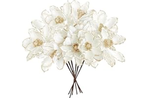 Sggvecsy 10Pcs Christmas Glitter Flowers Christmas Tree Ornaments Artificial Poinsettia Flower Velvet Magnolia Stems Floral Picks for Xmas Wedding DIY Crafts Wreath Party Floral Decorations (White)