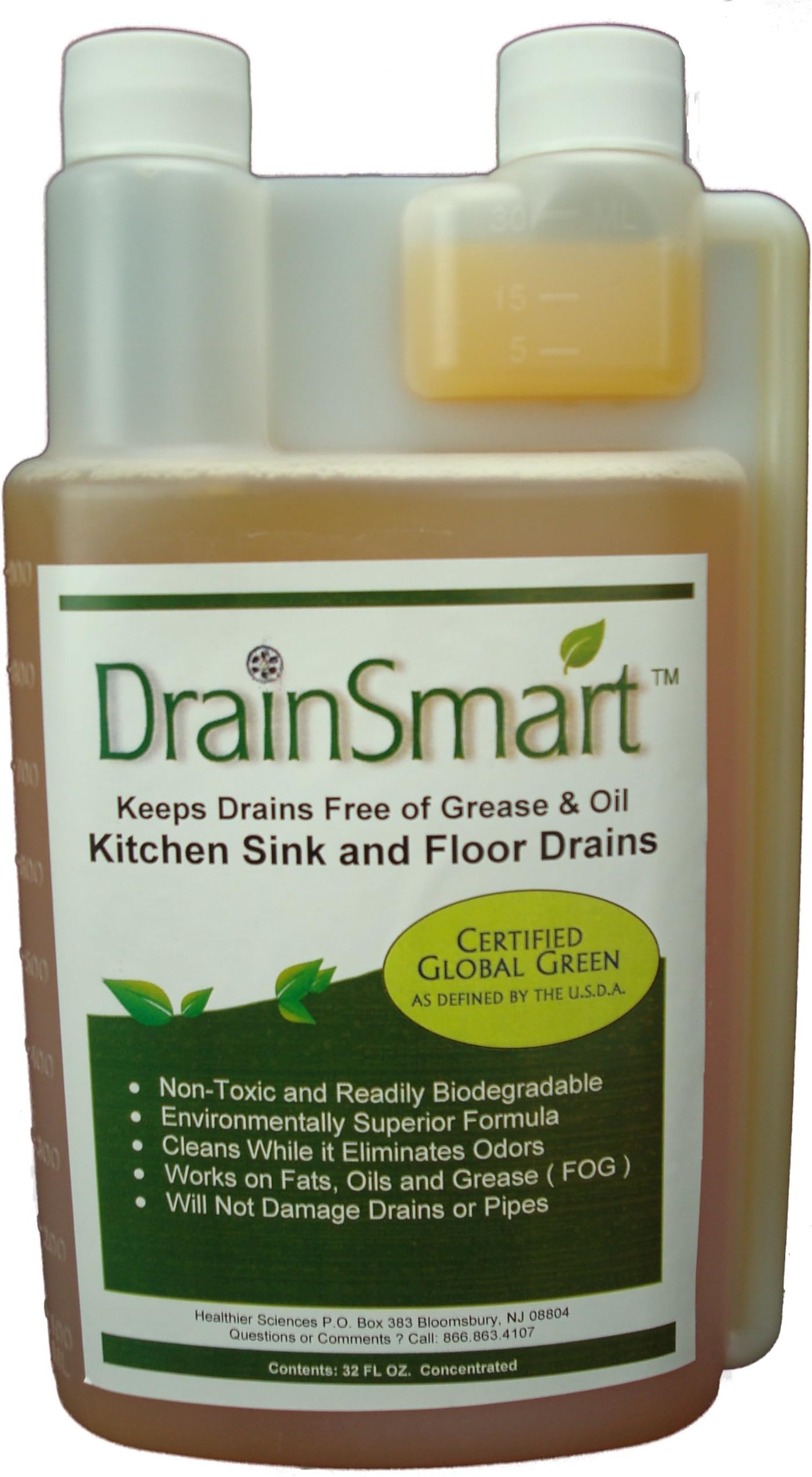 Healthier Sciences Drain Smart Non-Toxic Enzyme Cleaner for Sinks/Drains/Grease Traps, 32-Ounce