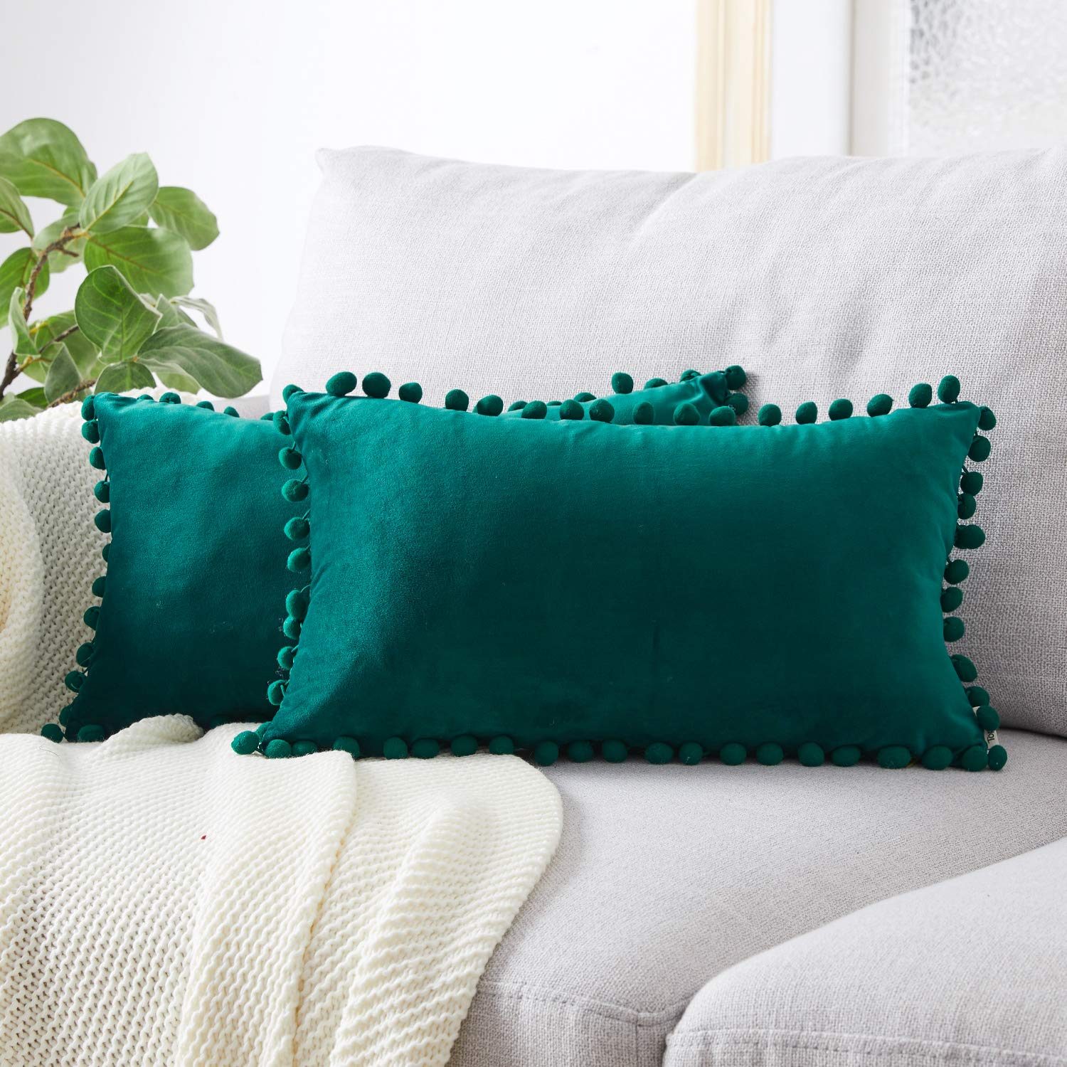 Topfinel Dark Green Oblong Cushion Covers 12x20 Inch Velvet Soft