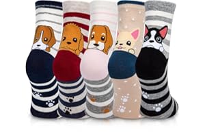 YSense 5 Pairs Cute Animal Socks for Women, Novelty Fun Crew Cotton Cat Dog Socks Stocking Stuffers Gifts for Women