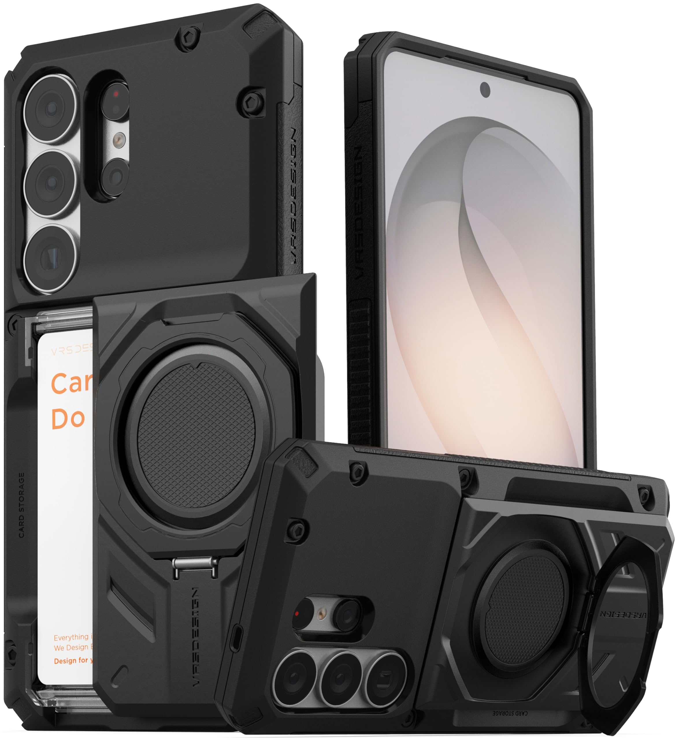 VRS DESIGN Damda Glide Hybrid for Samsung Galaxy S26 Ultra (2026), Magnetic Mount Semi-Auto Wallet [4 Cards], Heavy Duty Rugged Case - Matte Black (NO Wireless Charging)