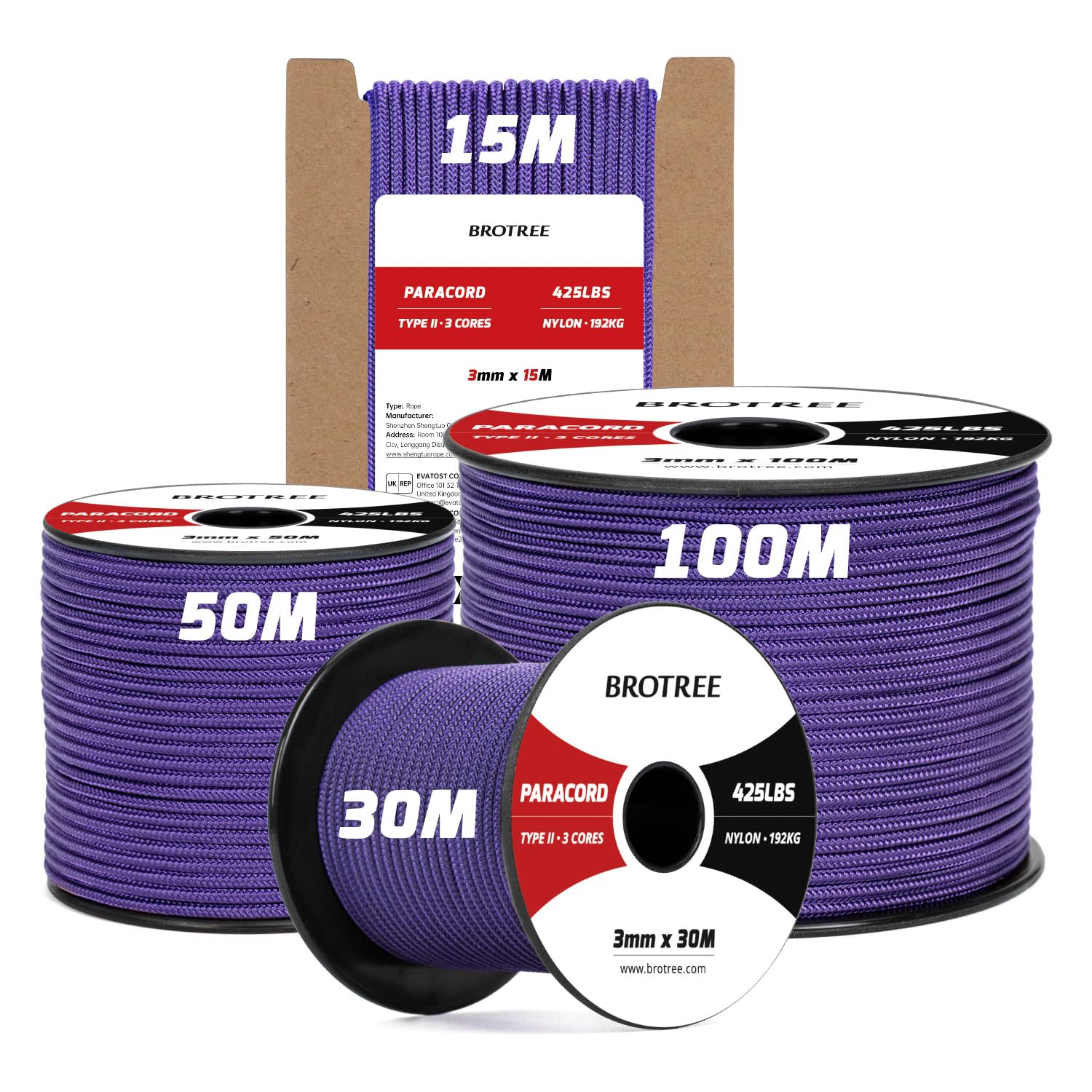 Brotree 3mm Paracord 425 100% Nylon 50M Rope 3 Strands Type II Parachute Cord for Outdoor, Craft, DIY - 192kg Breaking Load (Purple)