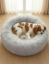 OKPOW Donut Dog Bed 60cm Calming Anti Anxiety Round Plush Pet Cushion Non Slip