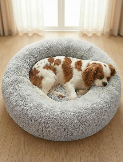 OKPOW Donut Dog Bed 60cm Calming Anti Anxiety Round Plush Pet Cushion Non Slip