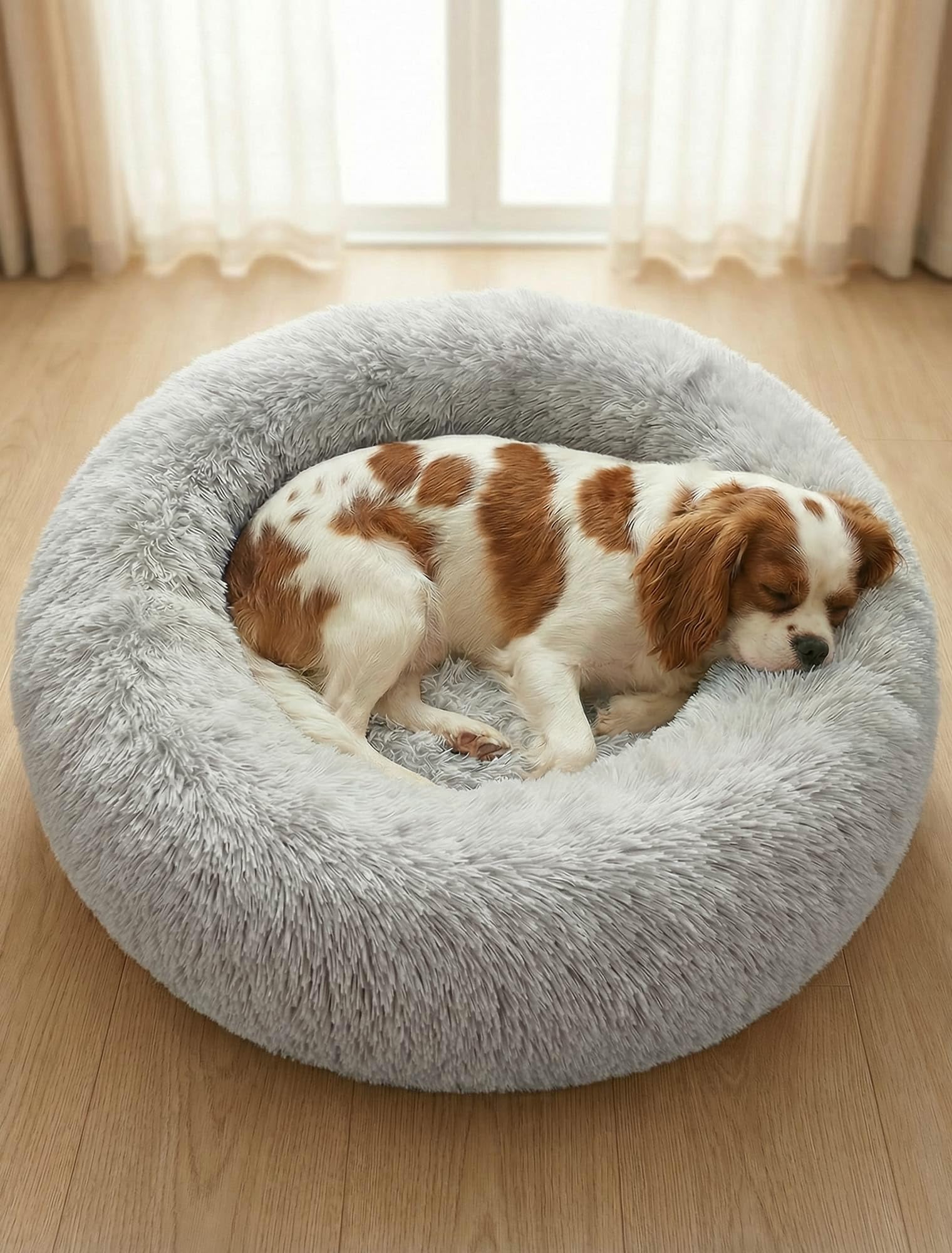 OKPOW Donut Dog Bed,60cm Calming Anti Anxiety Medium Dog Beds,Washable Soft Warm Plush Fleece Fluffy Soothing Cat Pet Cushion,Round Orthopedic Relief Improved Sleeping Non Slip Bottom Kitten Bed — image 1