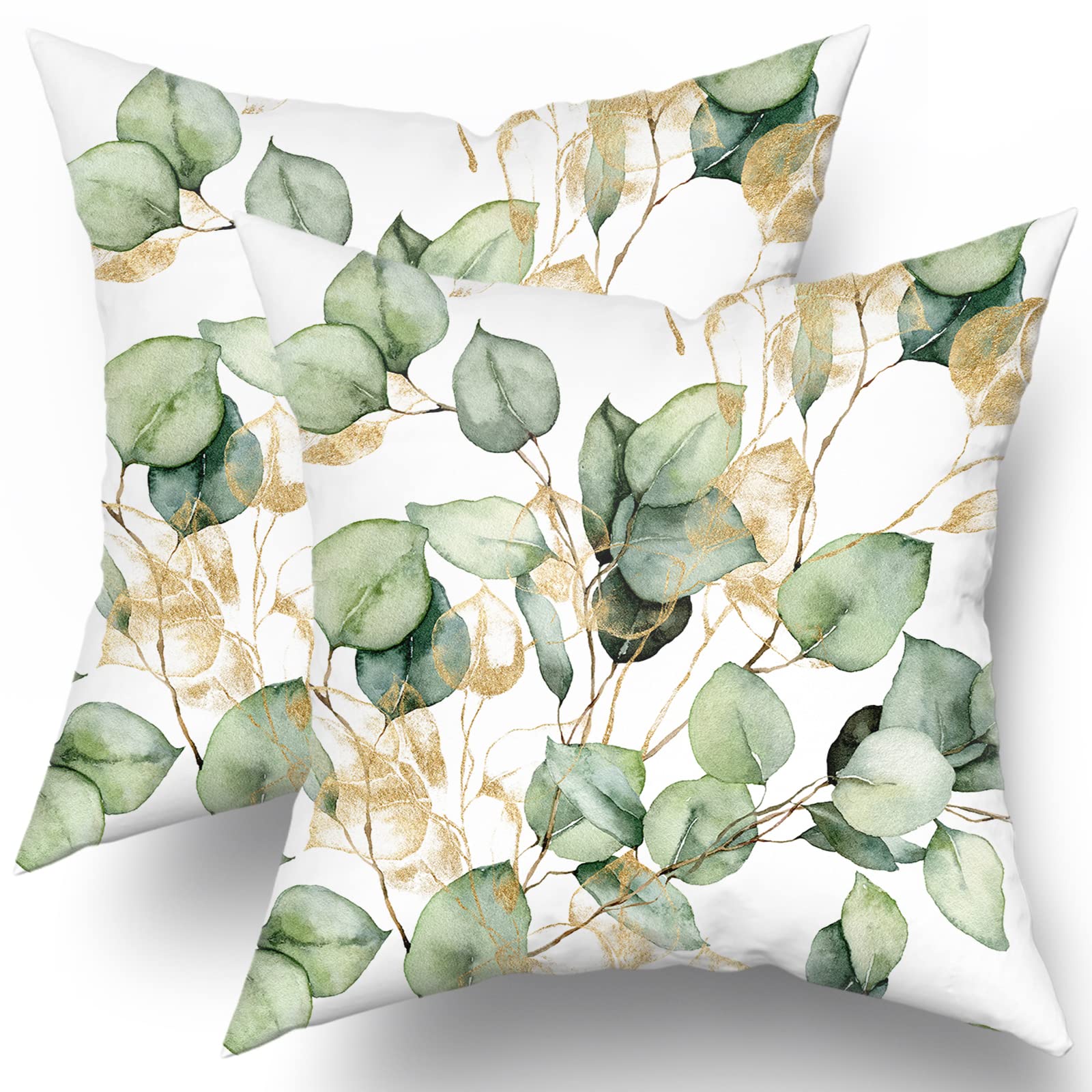 Photo 1 of Kawani Eucalyptus Leaf Pillow Covers 18x18 Set of 2 Watercolor Pillow Sage Green Leaf Pillow Covers Gold Leaves Modern Throw Pillows Cover Decor Gifts for Bed Couch Sofa Living Room