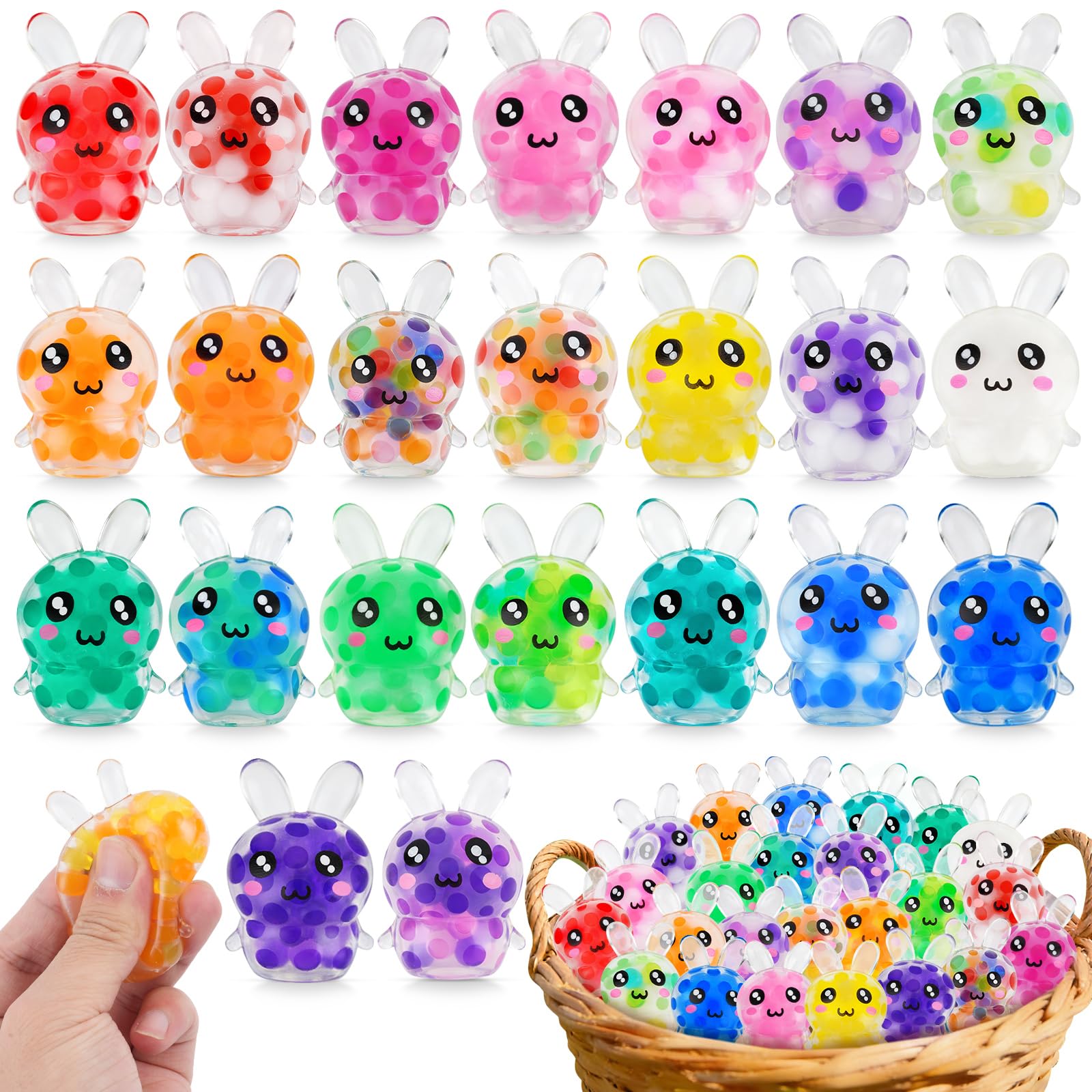 HEAEUNK Easter Egg Fillers, 24Pcs Bunny Easter Squishies Mini Squeeze Toys, Non-Candy Easter Egg Basket Stuffers Party Favors Bulk for Teens Adults