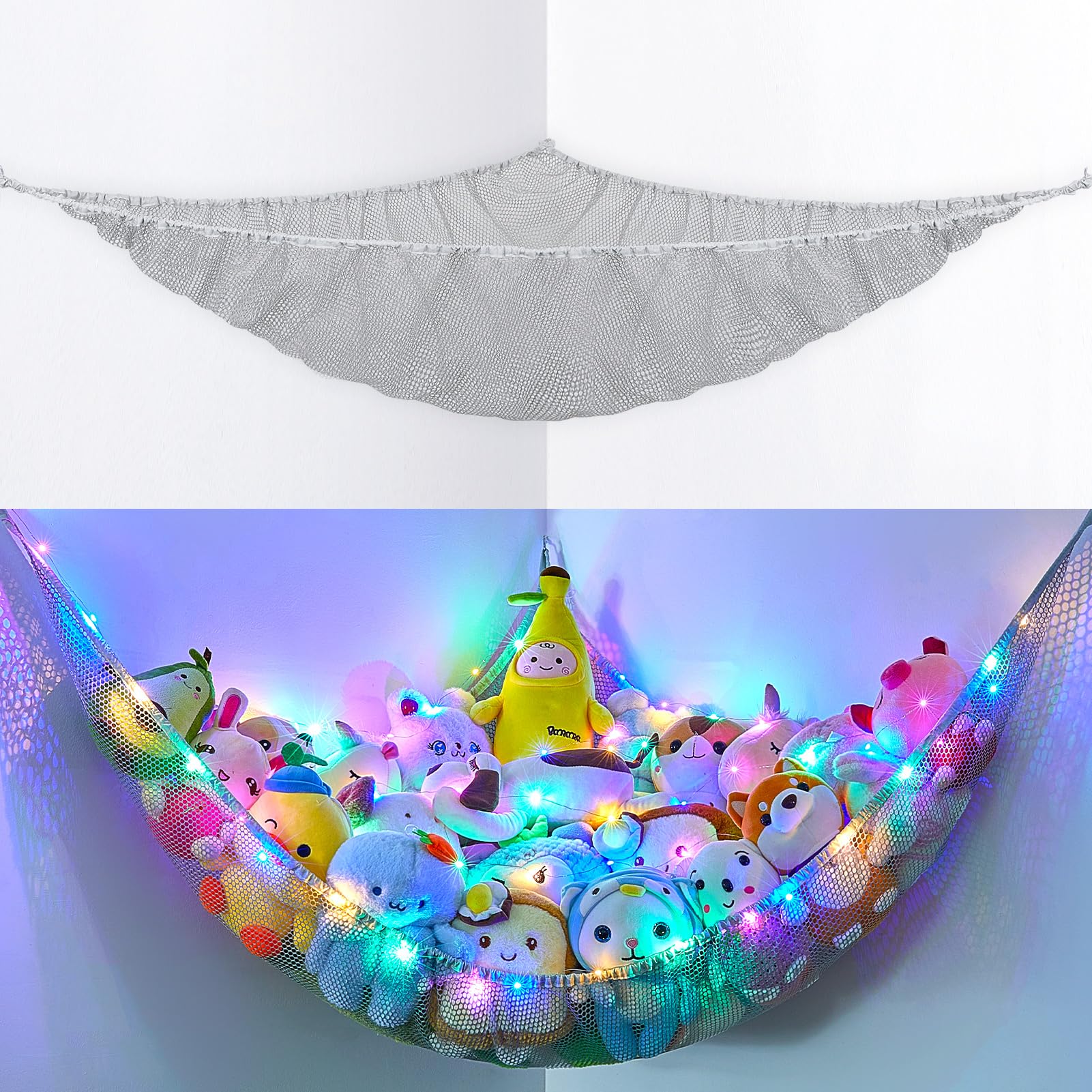 BeBeJoJo Stuffed Animals Storage with LED Light Toy Hammock Corner Room Decor Kids Toy Storage Organizer Wall Decor Net for Stuffed Animals