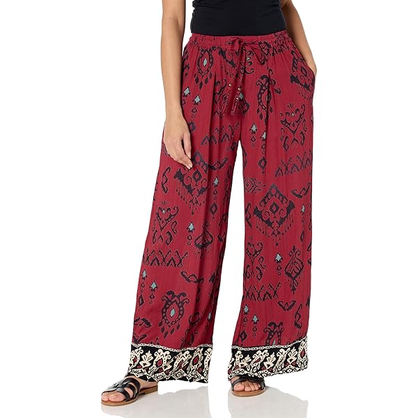Angie Women's Wide Leg Floral Bird Print Pants, Cinnamon at