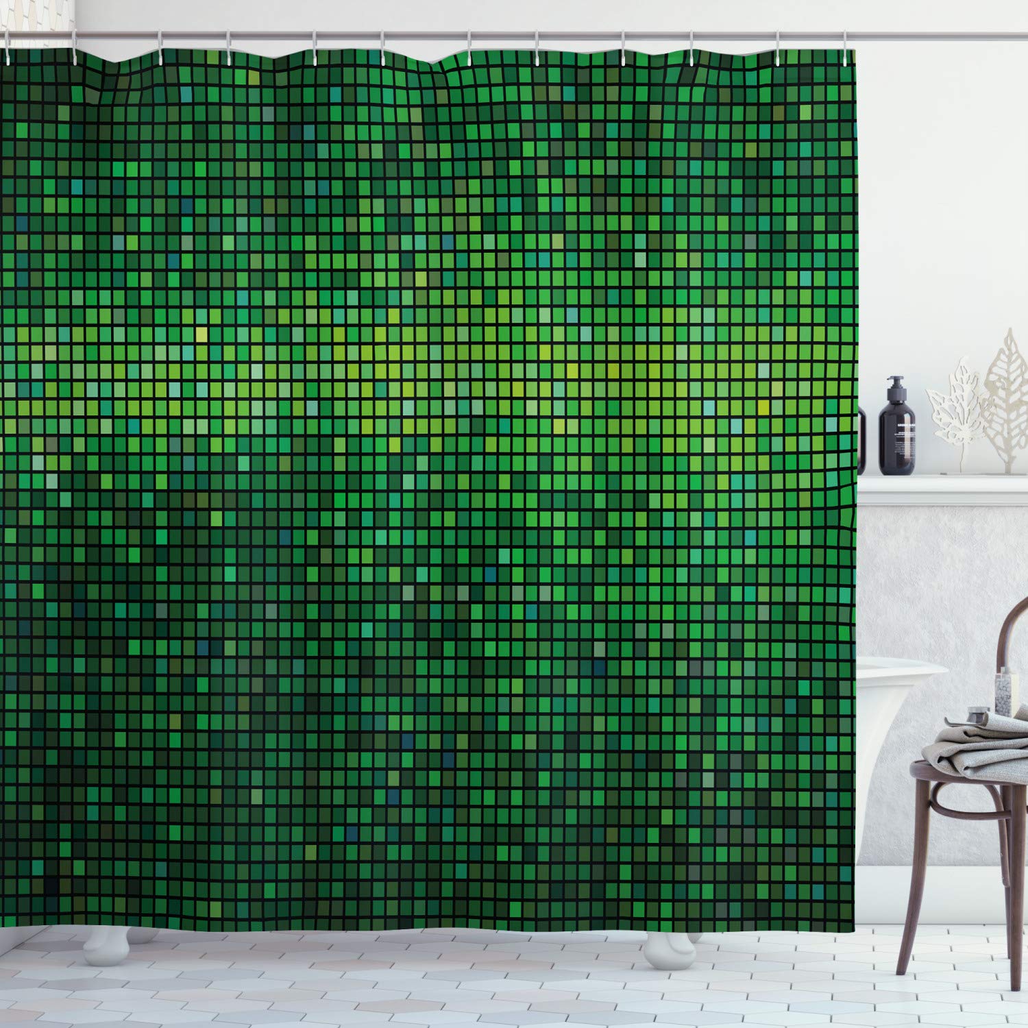 ABAKUHAUS Green Shower Curtain, Abstract Vibrant Square Pixel Mosaic Design Geometric Technology Theme Digital Grid Print, Cloth Fabric Bathroom Decor Set with Hooks, 78" Inches, Green