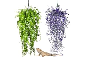 PINVNBY 2 Pack Reptile Plants Terrarium Hanging Fake Vines with Suction Cup Artificial Leaves for Bearded Dragons Lizards Geckos Snake Hermit Crab (Purple and Green)