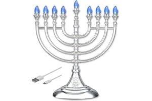 Aviv Judaica Traditional LED Menorah 13" Metallic Silver Battery or USB Powered Menorah Chanukiah with 4' USB Cable Electronic Chanukah Minorah Flameless Hanukkah Candles Bulbs Lighted Hanukah Decor