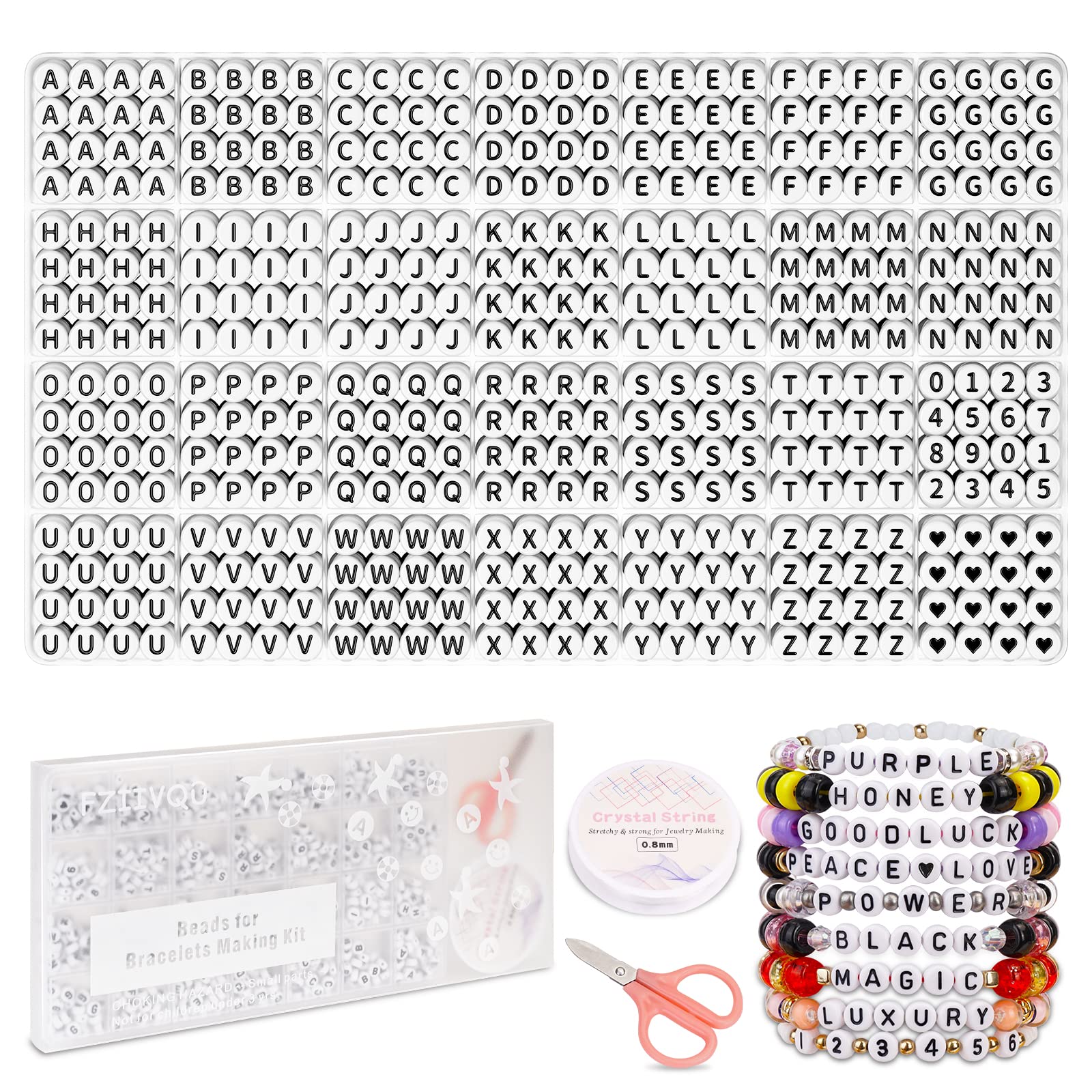 1450 Pieces Letter Beads Kit, 4x7 mm White Acrylic Alphabet Letter Beads for Jewelry Making Number Heart Bead Friendship Bracelet Making