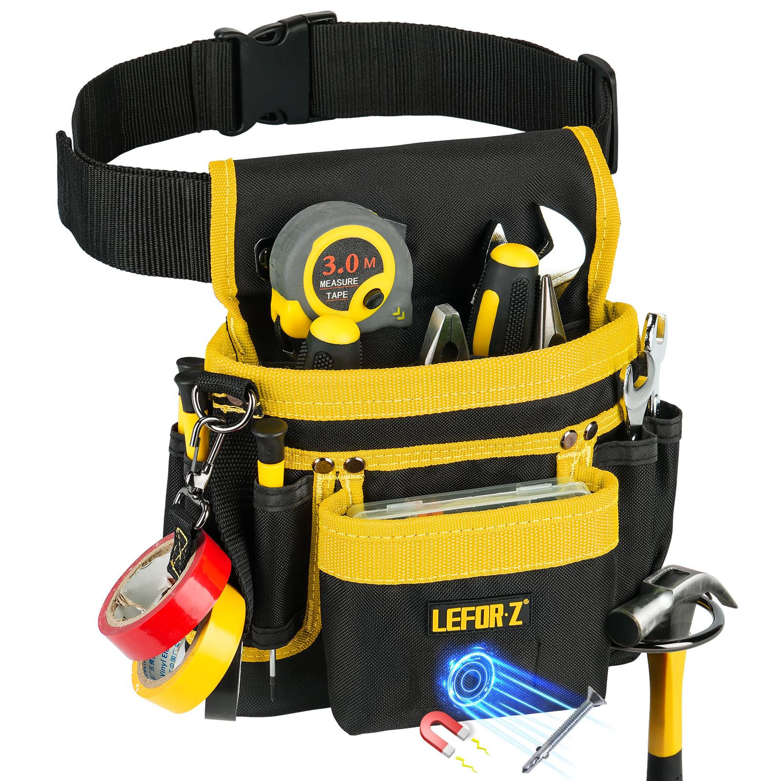 Tool Belt,Magnetic Tool Pouch,14-Pockets Tool Belts for Men,Detachable Adjustable Tool Pouch Belt for Electrician,Carpenter,Construction,Work Apron,Utility Belt,Black-Yellow