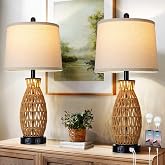 CINSARY 27" Rattan Table Lamps Set of 2 with Night Light, Boho Wicker Bedside Lamp for Bedroom with USB A+C Ports, Coastal Handwoven Woven Nightstand Lamps, Nautical Living Room Lamp for End Table