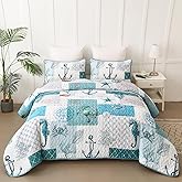 Beach Quilt Set Queen Size,3 Piece Coastal Ocean Summer Bedspread Coverlet Set with 2 Pillow Cases Lightweight Soft Microfiber Nautical Bedding Set Thin Quilted Blanket for All Seasons (96"x90")