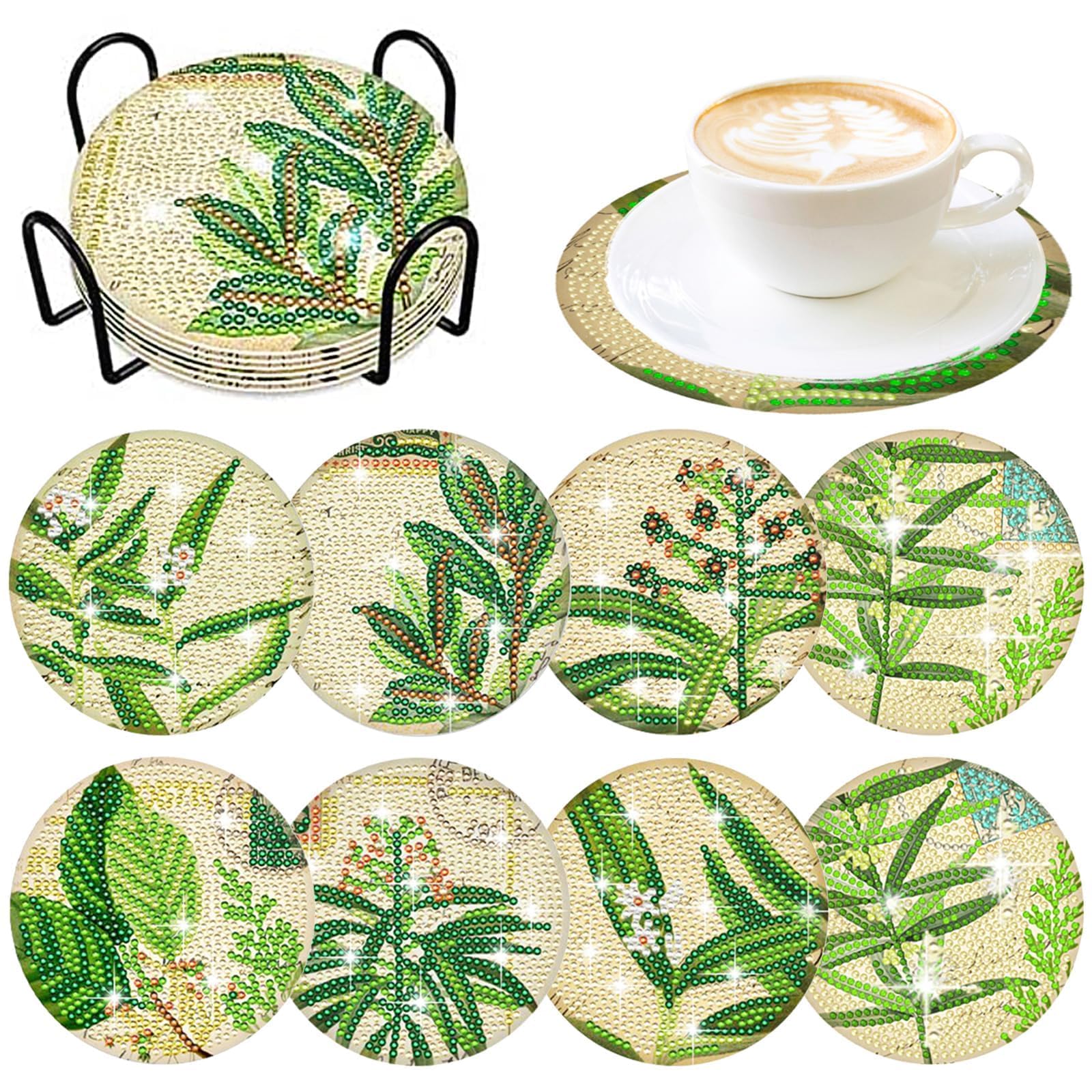 Photo 1 of 8 Pieces Leaves Diamond Coasters with Holder DIY Green Leave Diamond Art Coasters Round Cup Coasterfor Adults Diamond Kits Supplies
