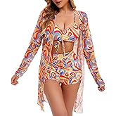 Yknktstc Womens 3 Pieces Bikini Set Swimsuit Tropical Beach Cover up Kimono Swimwear Bathing Suit with Boy Shorts