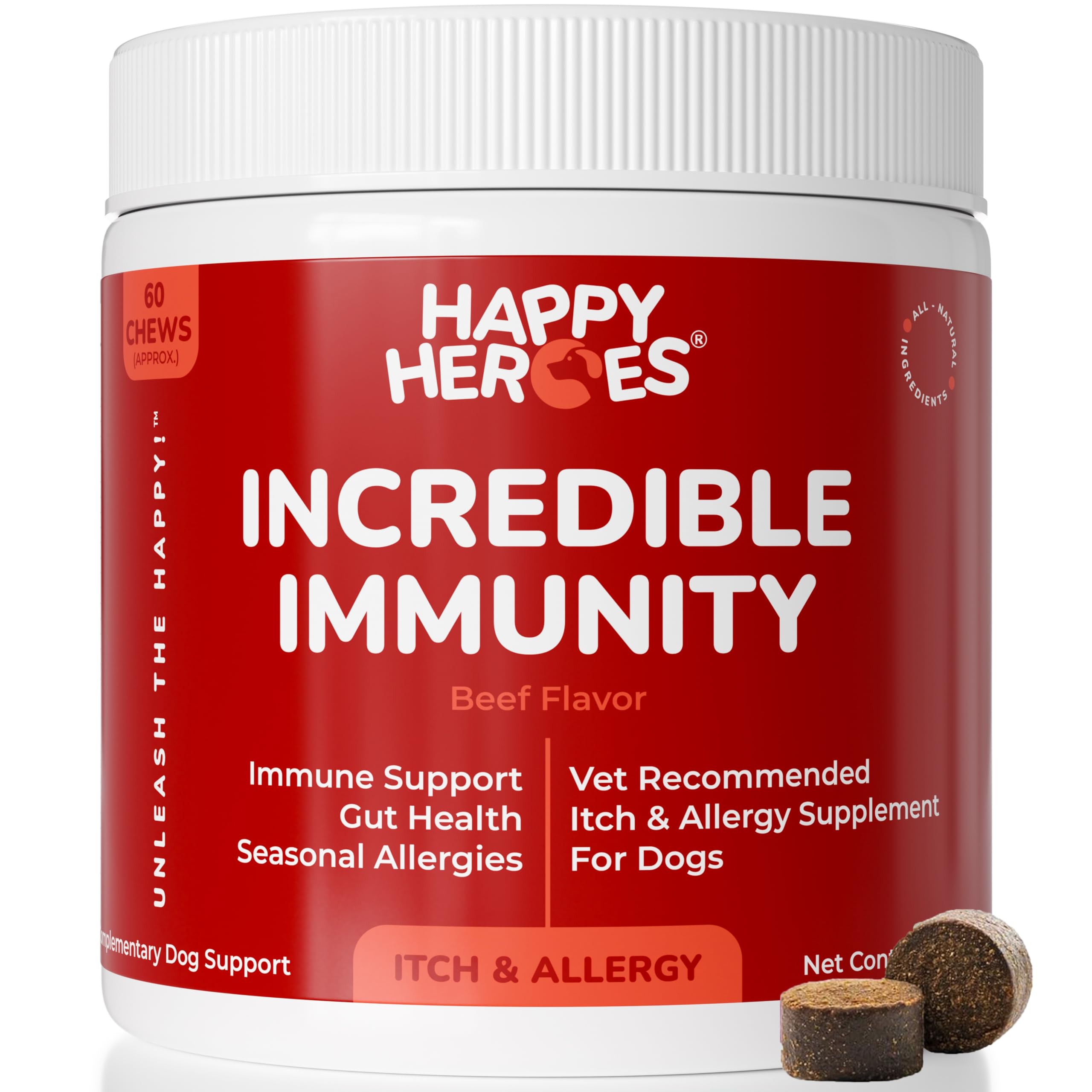 Happy Heroes - Incredible Immunity Dog Treats, 100% Natural Supplement for Allergy & Itch Relief, Soothes Itchy Skin, Ears, Paws, Eases Scratching & Licking, Boosts Immune & Gut Health, 120 Soft Chews