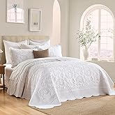 Oversized King Bedspreads 128x120 Extra Wide - Floral Scrolls Embroidery with Scalloped Edge California King Quilt Sets Oversized, 3PCS Lightweight Thin Comforter, 100% Cotton, Cal King, Beige/White