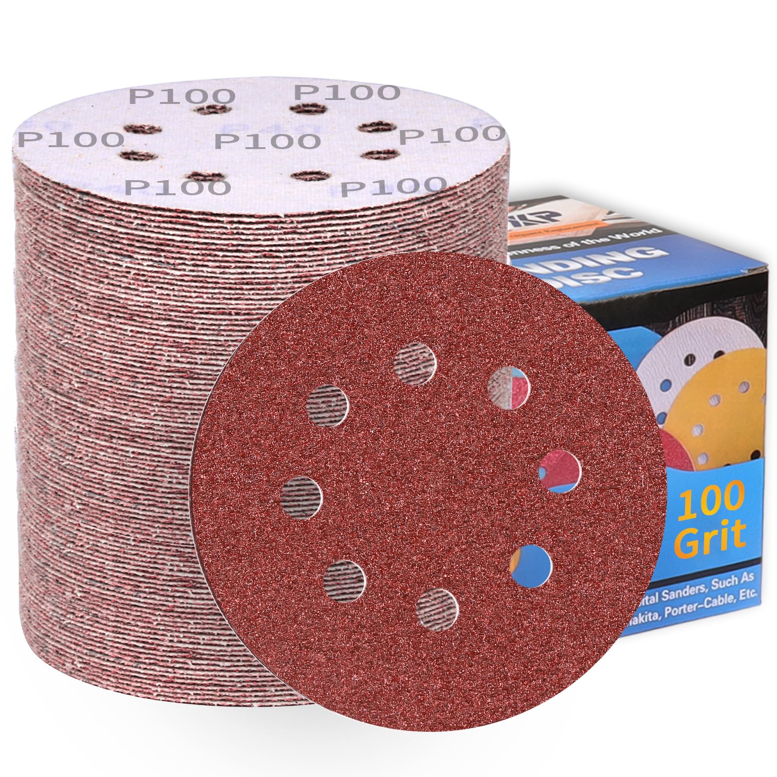 100Pcs 125mm Sanding Discs 100 Grit 8-Holes Hook and Loop Sanding Pads for Random Orbital Sander Sandpaper Sheet-ALPXUXP
