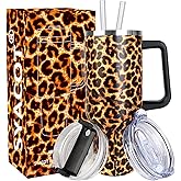 SYACOT 40 oz Tumbler with Handle and Straw Stainless Steel Insulated Tumbler Leak Proof Lid and Straw Lid Reusable Travel Mug Coffee Mug Cup Dishwasher Safe Keep Drinks Cold and Hot (Leopard)