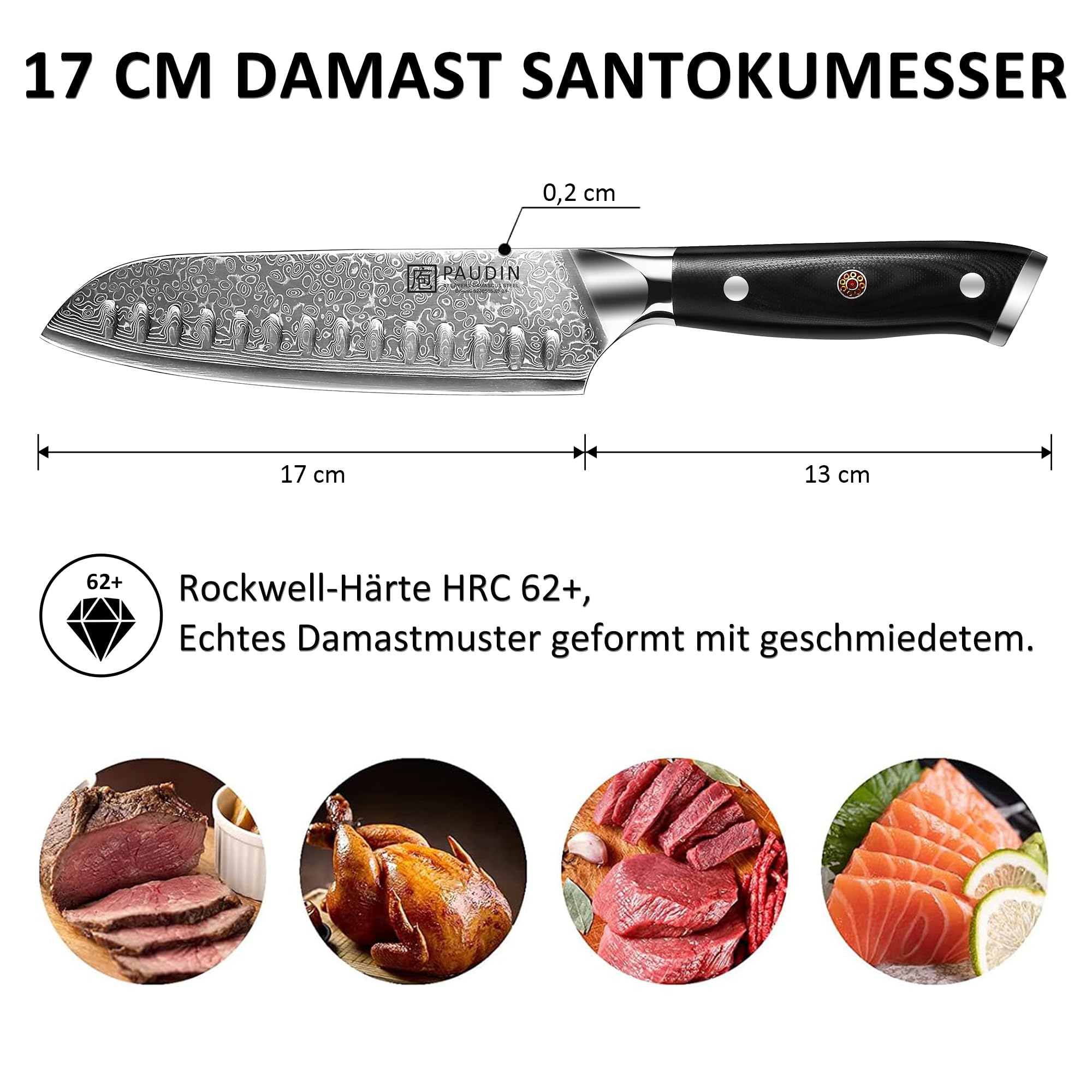 PAUDIN Santokumesser Damastmesser 17 cm, Ultra Scharfes Kochmesser aus 67 Lagen Damaststahl mit japanischem VG10- Kern, Profi Küchenmesser mit ergonomischem G10-Griff 2