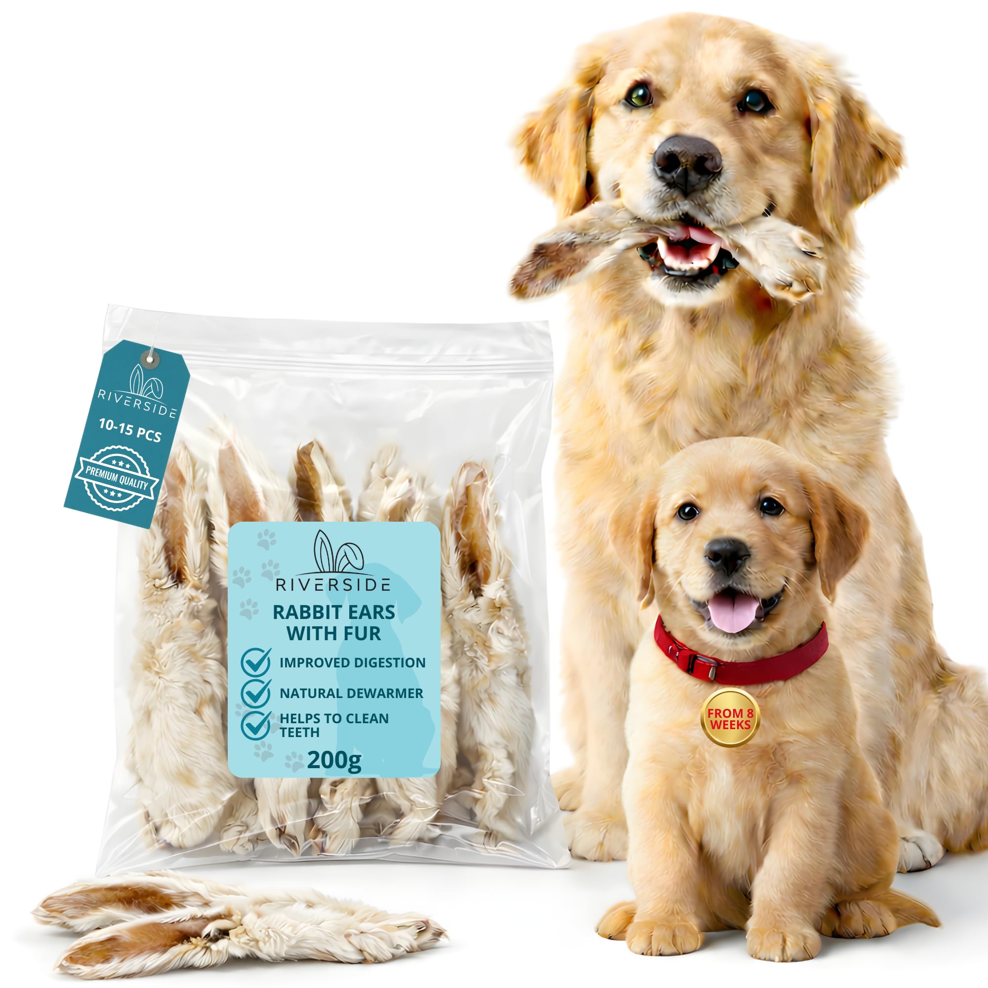 Riverside Rabbit Ears with Fur for Dogs (200g 10-15 Ears) - Very, Hypoallergenic, 100% Natural Air-Dried Treats, For All Dogs - Large, Small, Adult, Puppies - Raw Dog Treats - UK COMPANY