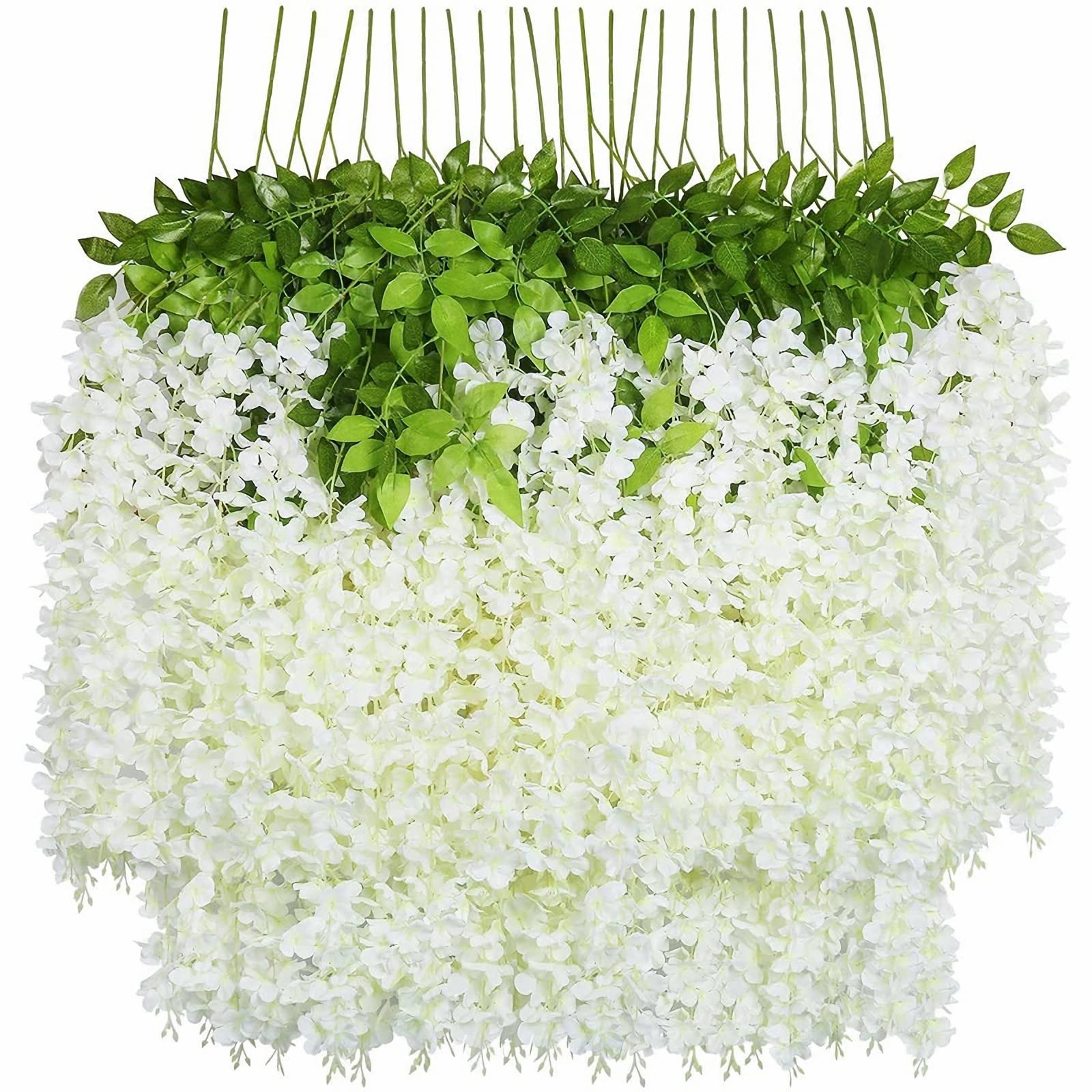 Aoleytech 12 Pcs Artificial Wisteria Flowers Fake Hanging Basket Flower Vine Silk Flower Wall Garland for Wedding Home Garden Party Indoor Outdoor Decor(Milk White)