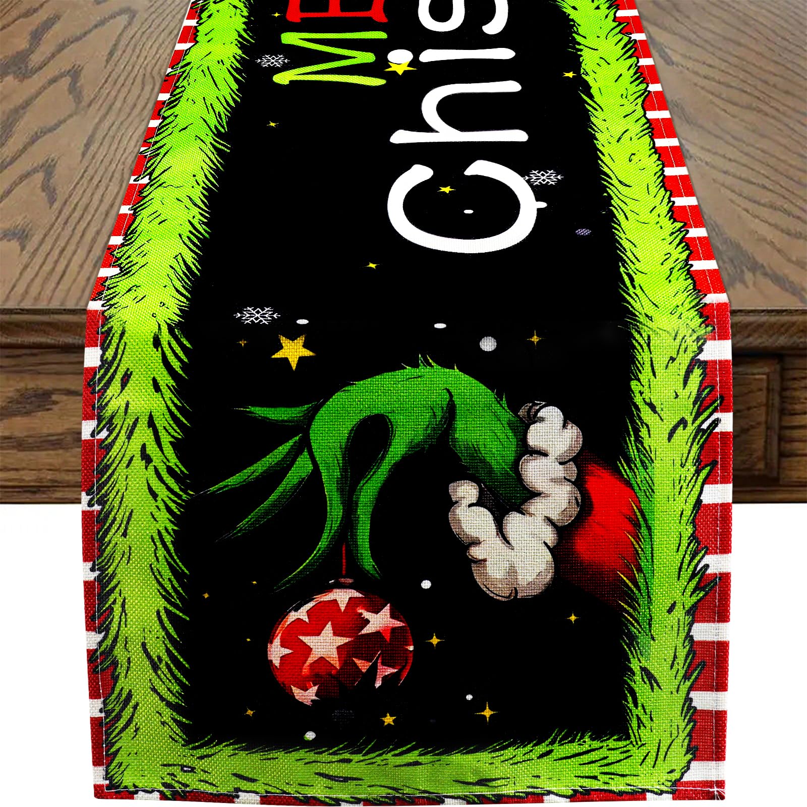 AUAUY Christmas Table Runner, Buffalo Plaid Merry Christmas Grinch Table Decoration for Indoor Outdoor Home Party, Linen Printing Winter Christmas Xmas Holiday Table Decor for Kitchen Dining 33x173cm